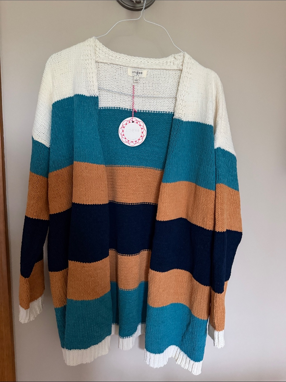 Umgee Striped Open-Front Cardigan Sweater - Teal, Navy, Camel, White